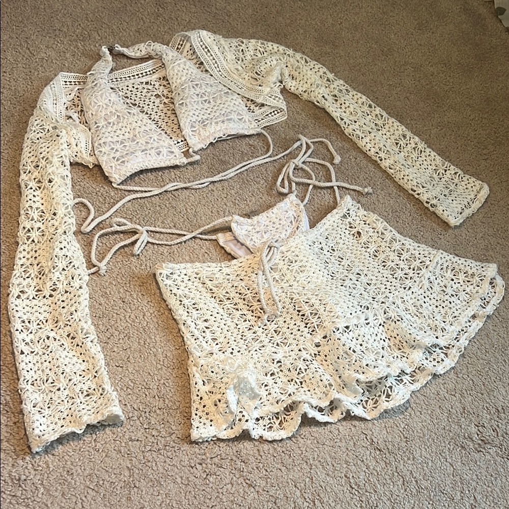 Bohemian Cream and White Crochet Swim Coverup Four- Piece Set